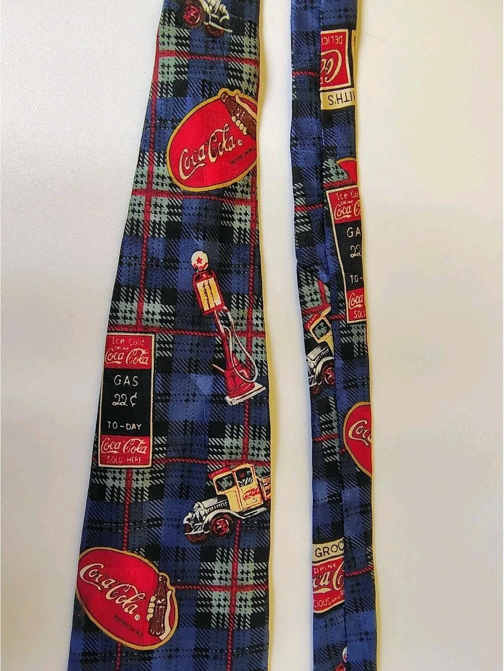 Vtg Coca Cola Neck Tie Blue Plaid Americana Retro Gas Sign Truck Soda Pop